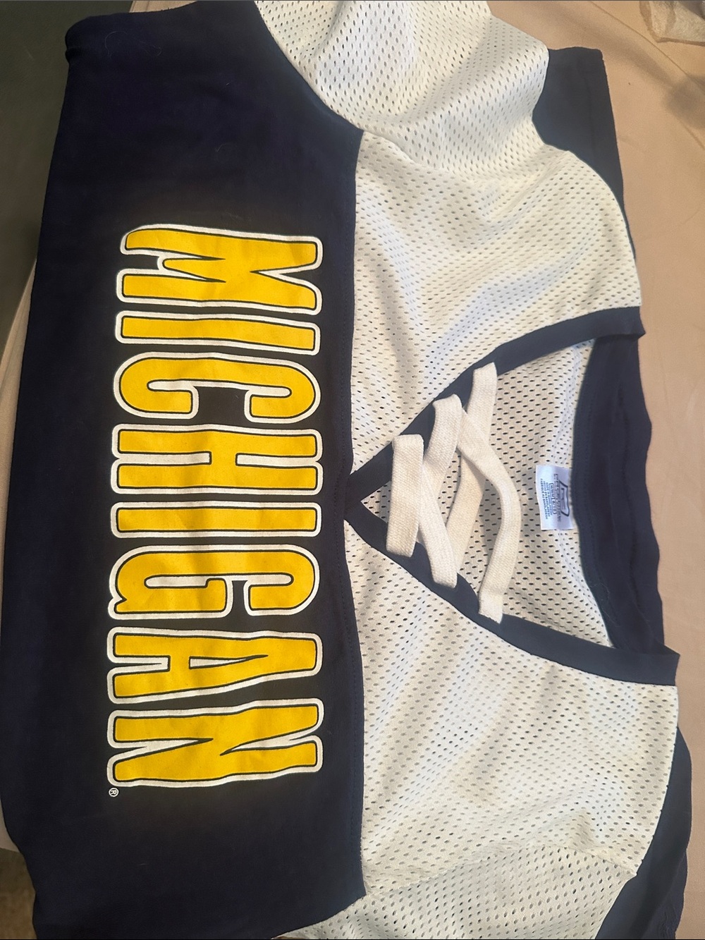 Michigan women Lace-Up Jersey Top in Navy and White